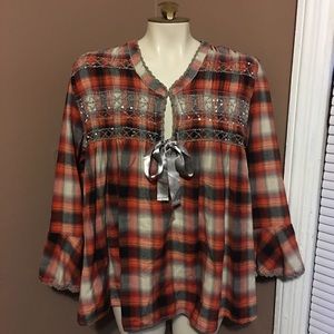Sundance Embroidered Flannel Boho Plaid Top Large